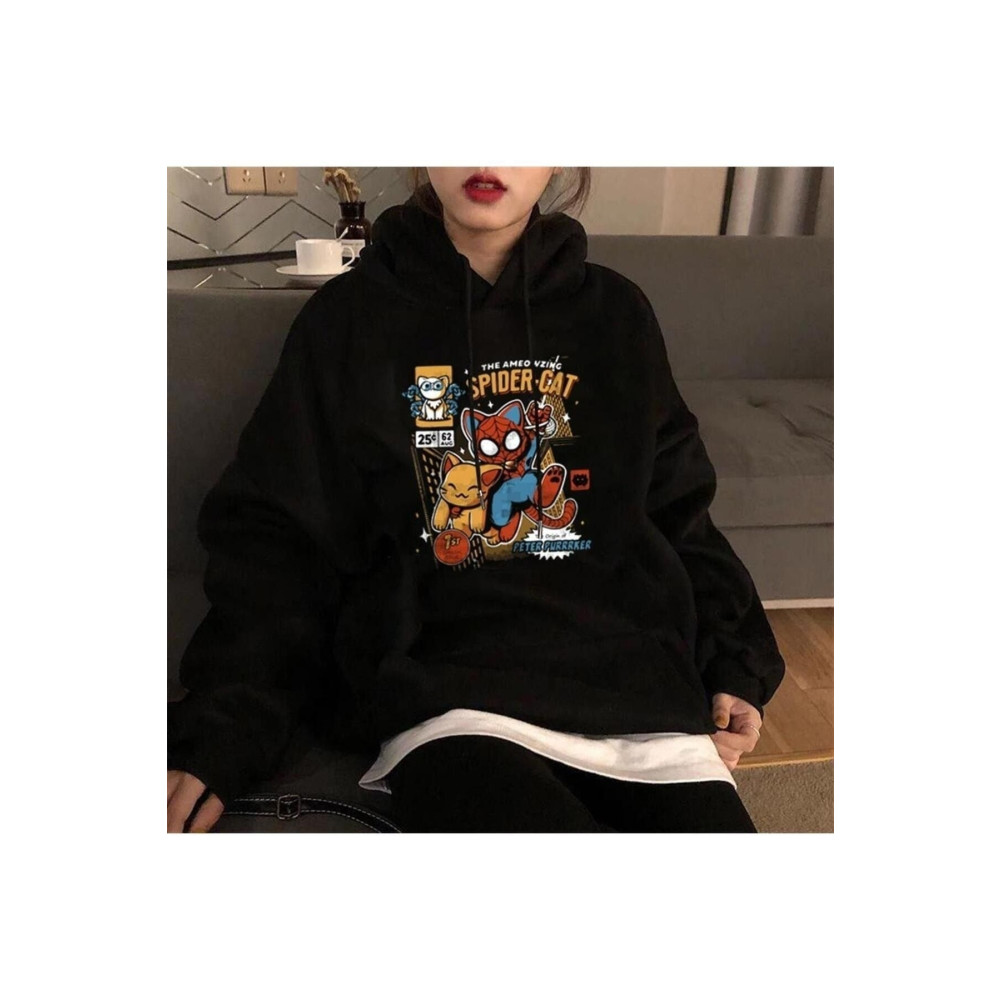 MODARİCH Spider Cat Sweatshirt - Siyah Baskılı Oversize Şardonlu Kapüşonlu XL Beden Bayan Sweatshirt Fiyatı