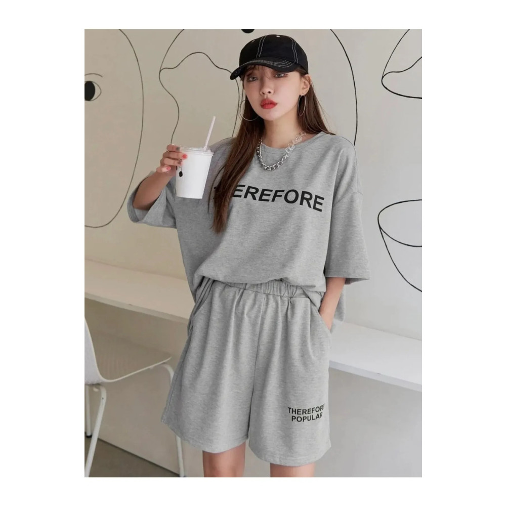 MODARİCH Therefore T-shirt Penye Şort - Gri Alt Üst Takım Baskılı Oversize Bisiklet Yaka M Beden Kadın Giyim Fiyatı