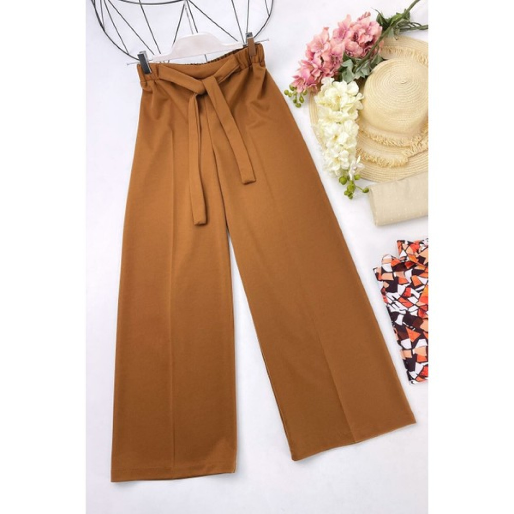Moday Tesettür -Kuşaklı Ispanyol Paça Bol Paça Pantolon Taba Xl Kadın Pantolon Fiyatı
