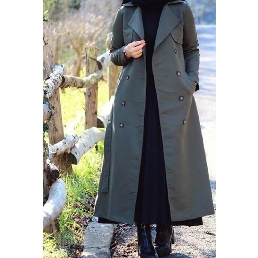 Moday Tesettür Kuşaklı Yazlık Kışlık Astarlı Trençkot Haki Xxl-3xl Kadın Trençkot Fiyatı