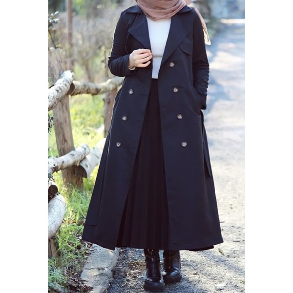 Moday Tesettür ﻿-Kuşaklı Yazlık Kışlık Astarlı Trençkot Siyah L-Xl Kadın Trençkot Fiyatı