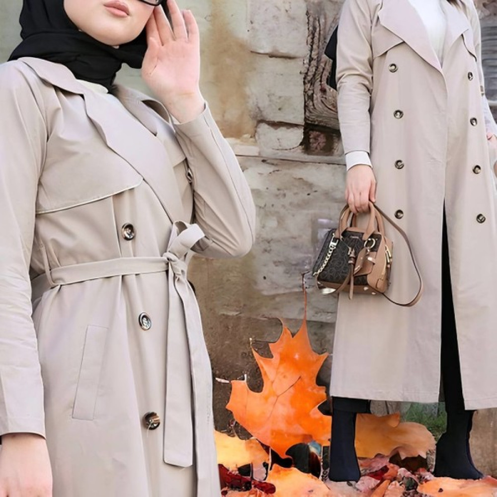Moday Tesettür ﻿-Kuşaklı Yazlık Kışlık Astarlı Trençkot Taş S-M Kadın Trençkot Fiyatı
