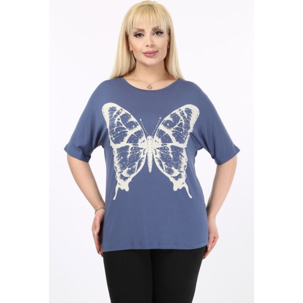 Modayız Kelebek Baskılı Taşlı Büyük Beden Tshirt 37B-2096 Bluz Fiyatı