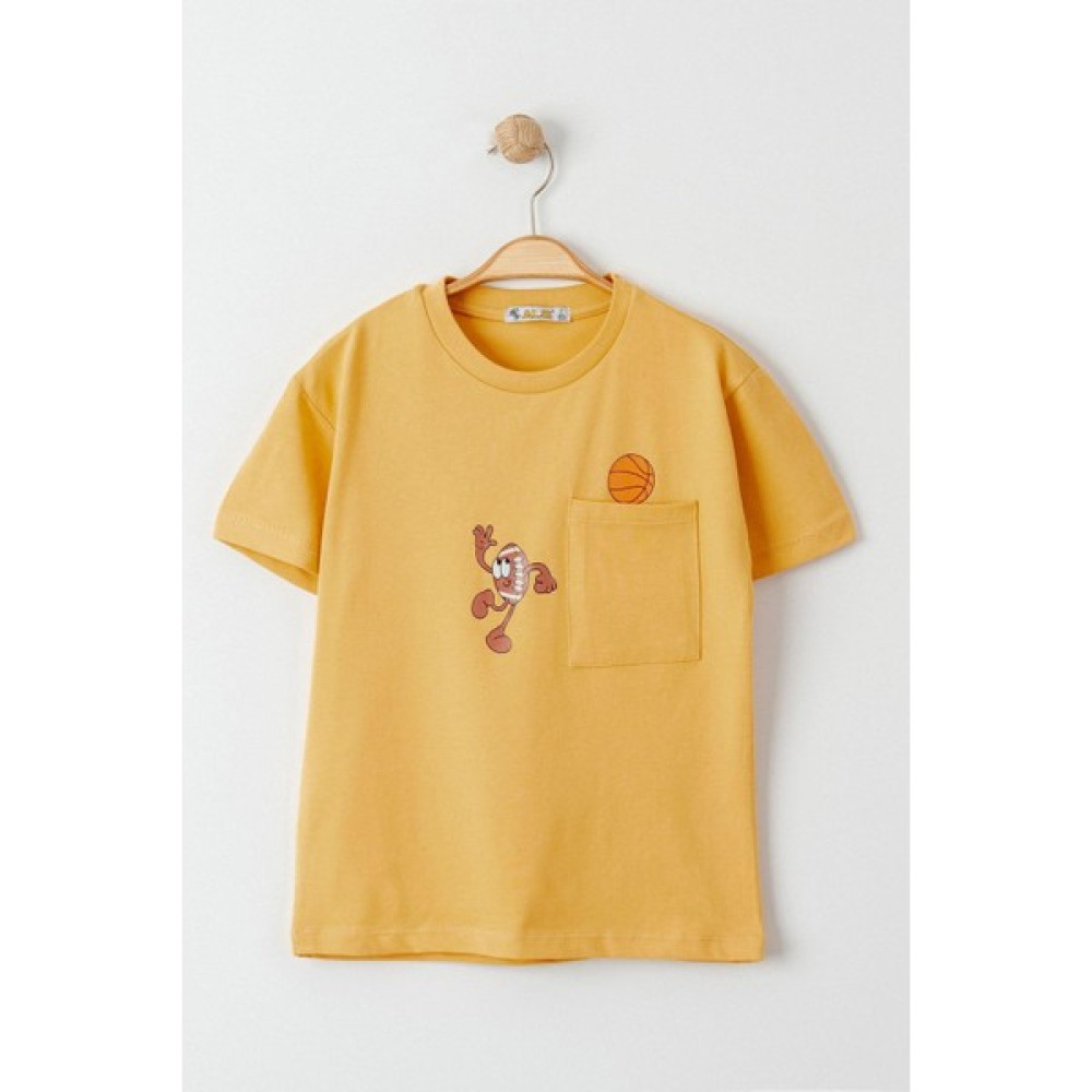 Modaymış 3-7 Yaş Baskılı Cepli Çocuk Tişört Hardal - 224626.1576. Erkek Çocuk T-shirt Fiyatı