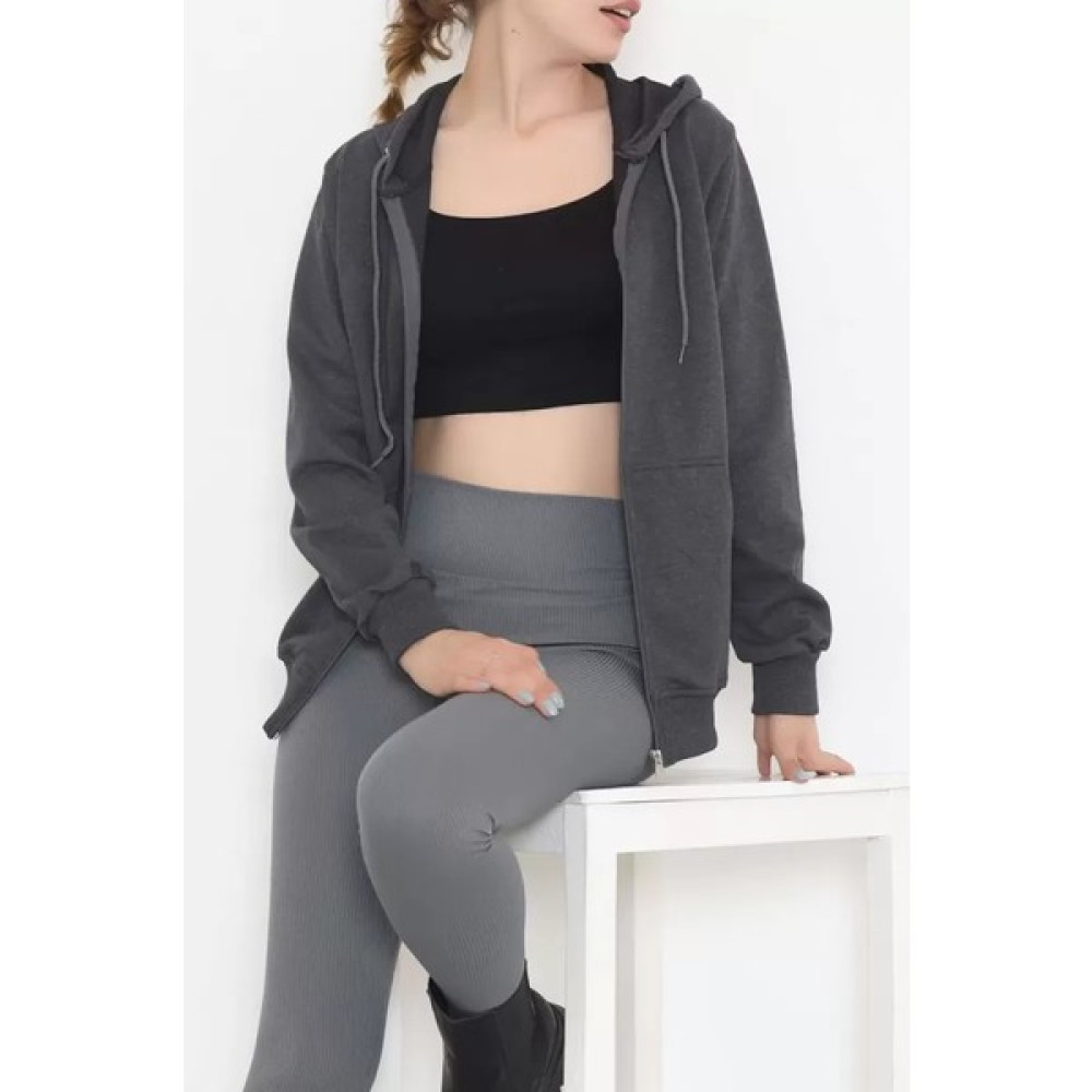 Modaymış Kapşonlu Fermuarlı Sweat Füme - 11285.053. Bayan Sweatshirt Fiyatı