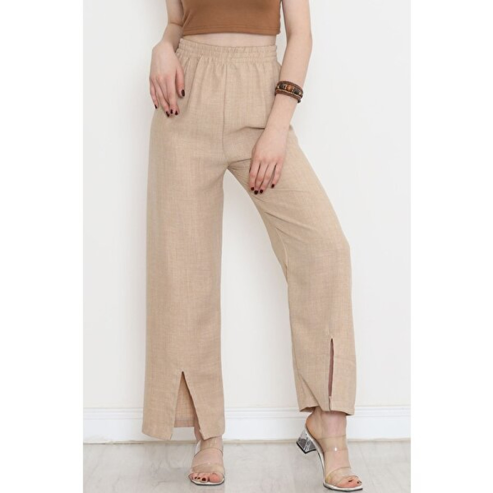 Modaymış Paça Yırtmaçlı Keten Pantolon Taş - 15267.1726. Kadın Pantolon Fiyatı