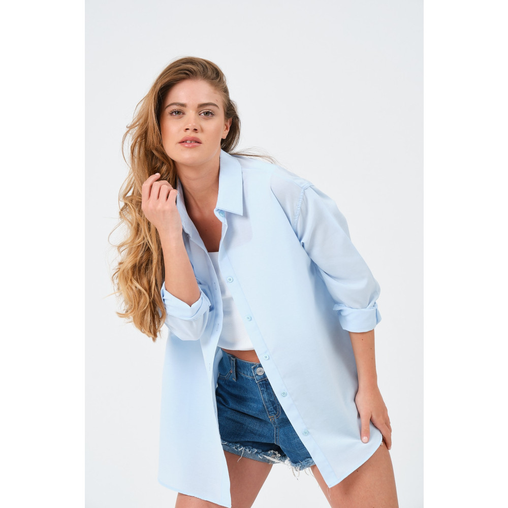 modazoom Kadın Açık Mavi Oversize Uzun Basic Gömlek L Beden Kadın Gömlek Fiyatı