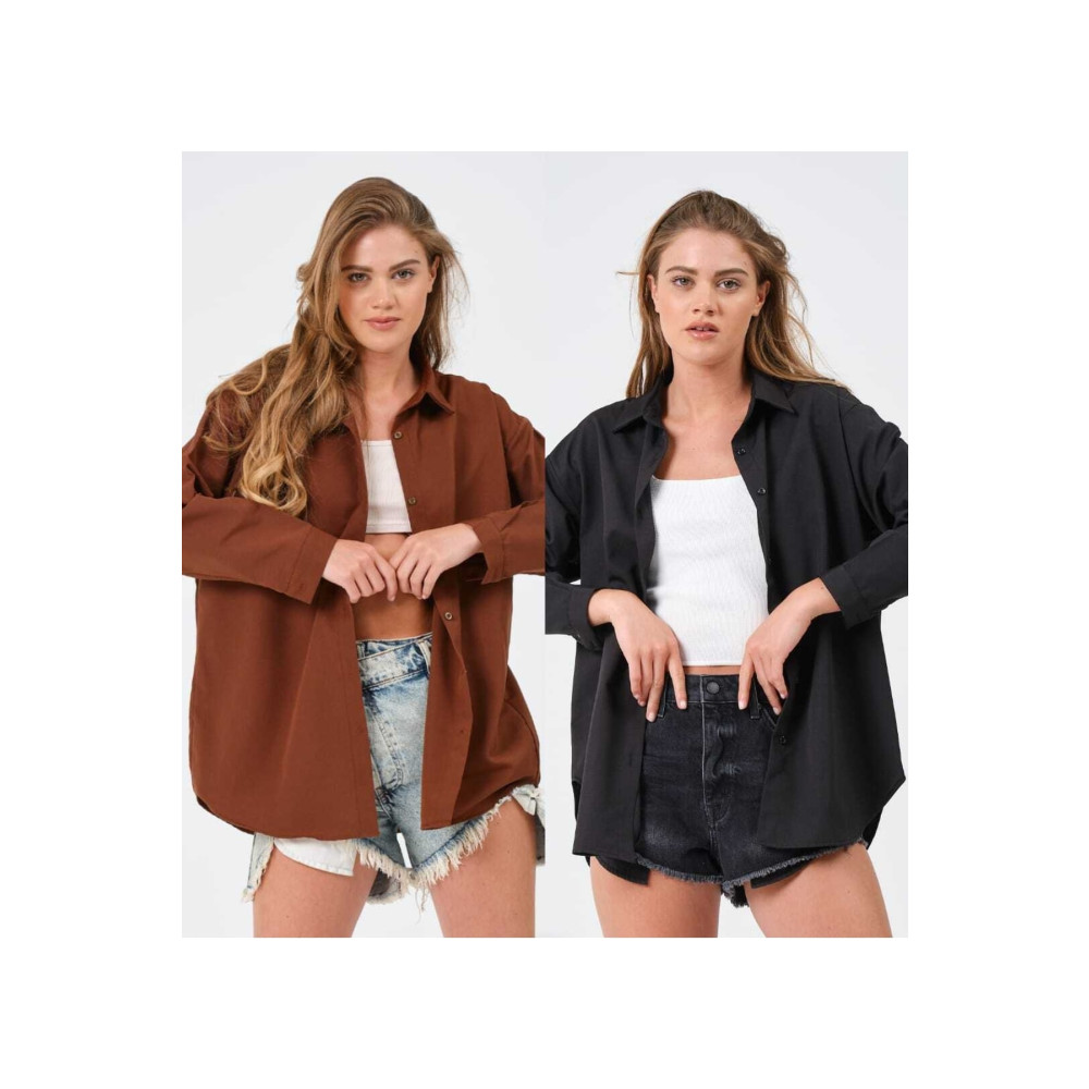 modazoom Kadın Kahverengi Ve Siyah 2 Li Oversize Uzun Basıc Gömlek L Beden Kadın Gömlek Fiyatı