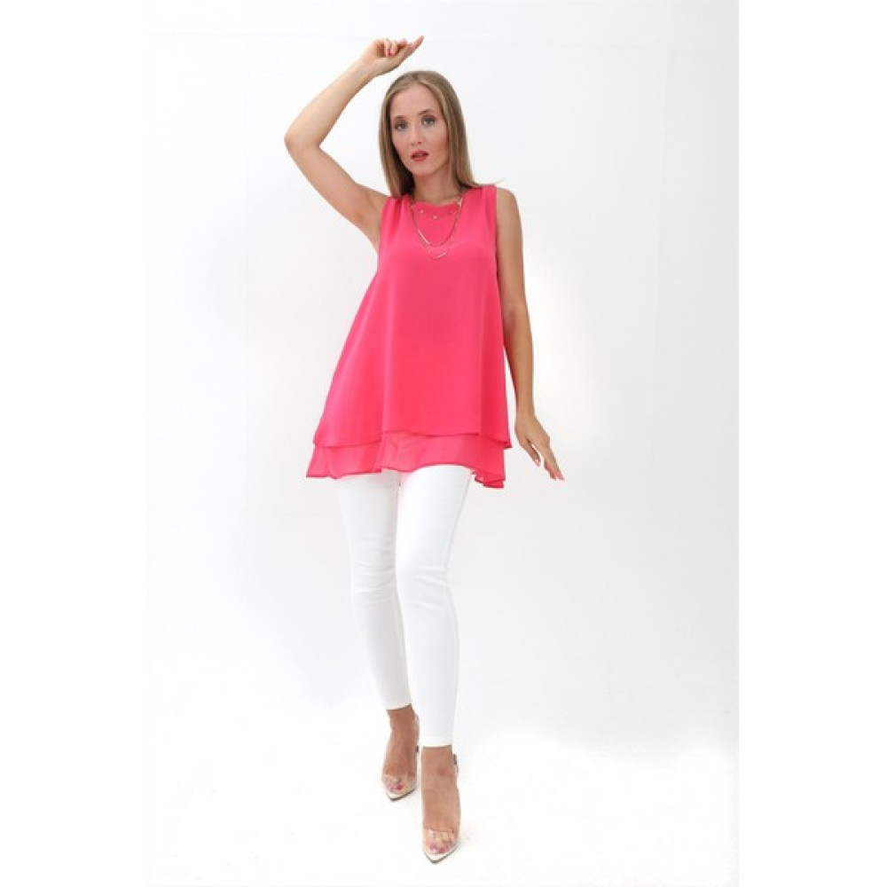 Modda Kadın - Uzun Şifon Kolsuz Bluz - Pembe Bluz Fiyatı