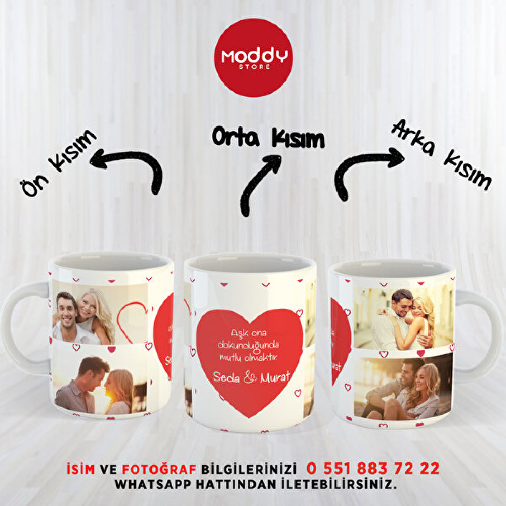 Moddy Store Kişiye Özel Isimli Fotoğraf Tasarımlı Kalp Aşk Temalı Tam Baskı Sevgililer Günü Kupa Bardak - Beyaz Fincan / Bardak / Kahve Takımı Fiyatı