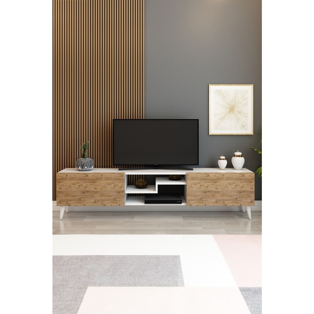 Model Z 150 cm Tv Ünitesi – Dekoratif Raflı Televizyon Ünitesi Iki Kapaklı Modern Tv Sehpası | Televizyon Konsolu - Atlantik Çam - Beyaz Tv Ünitesi / Sehpası Fiyatı