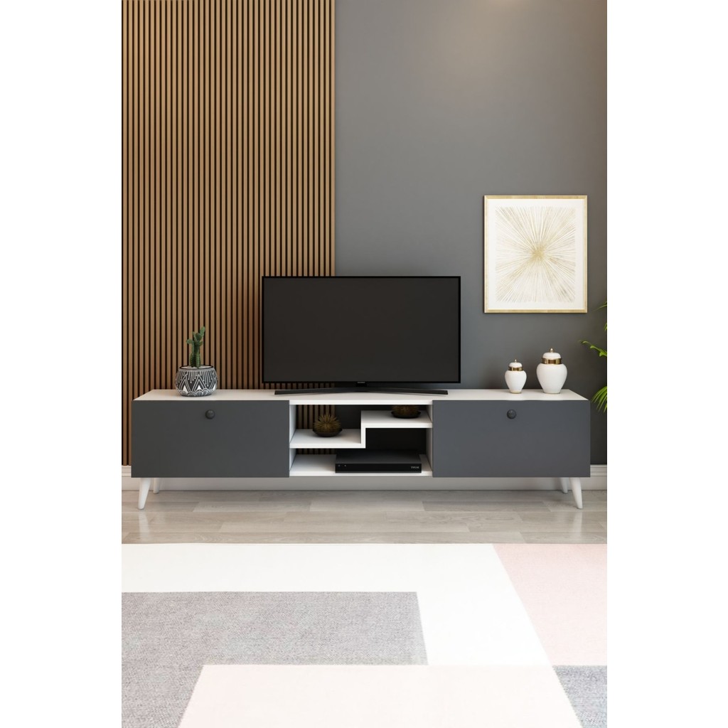 Model Z 150 cm Tv Ünitesi – Dekoratif Raflı Televizyon Ünitesi Iki Kapaklı Modern Tv Sehpası | Televizyon Konsolu - Beyaz - Antrasit Tv Ünitesi / Sehpası Fiyatı