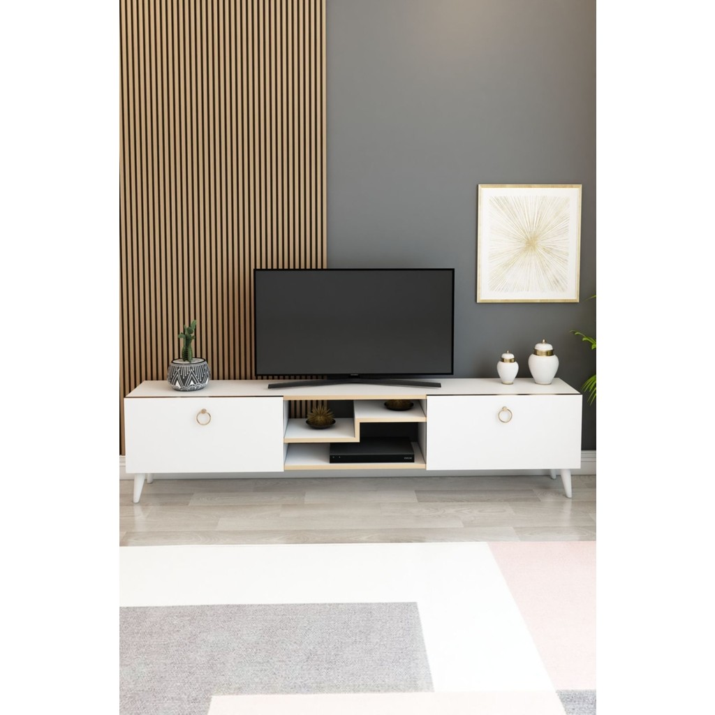 Model Z 150 cm Tv Ünitesi – Dekoratif Raflı Televizyon Ünitesi Iki Kapaklı Modern Tv Sehpası | Televizyon Konsolu - Beyaz - Gold Tv Ünitesi / Sehpası Fiyatı
