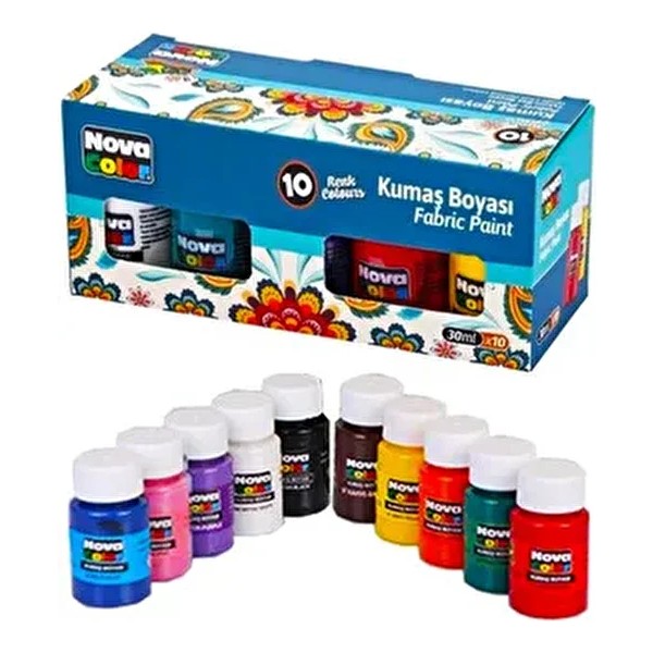 Modellino Nova Color Kumaş Boyası 10 Renkli Set Yıkanabilir Ve Solmaya Dayanıklı 30 Ml Her Renk İçin - Çok Renkli Kumaş Boyası Fiyatı