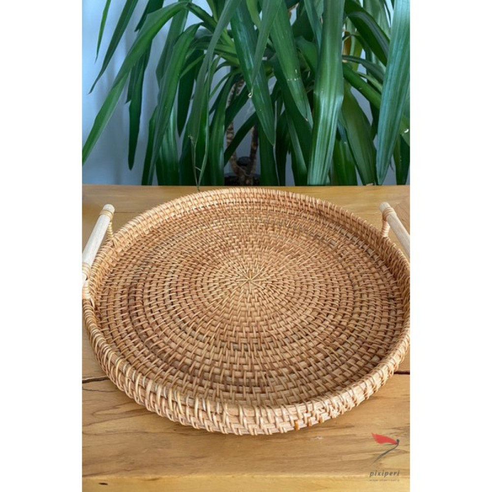Modern Bohem Rattan Kulplu Hasır Tepsi, Çay Kahve Sunum Tepsisi, Çok Amaçlı Dekoratif Tepsi 30cm Servis Tepsisi Fiyatı