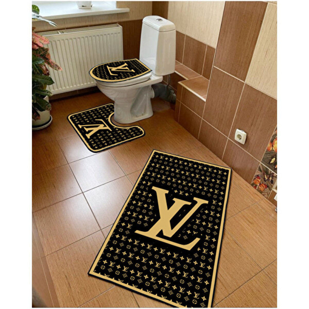 Modern Home Banyo Paspası 3'lü Set, Louis Vuitton Dijital Baskılı Klozet Takımı Kaymaz Taban 60X100 - 50X61 - Gold - 60 x 100 cm Klozet Takımı Fiyatı