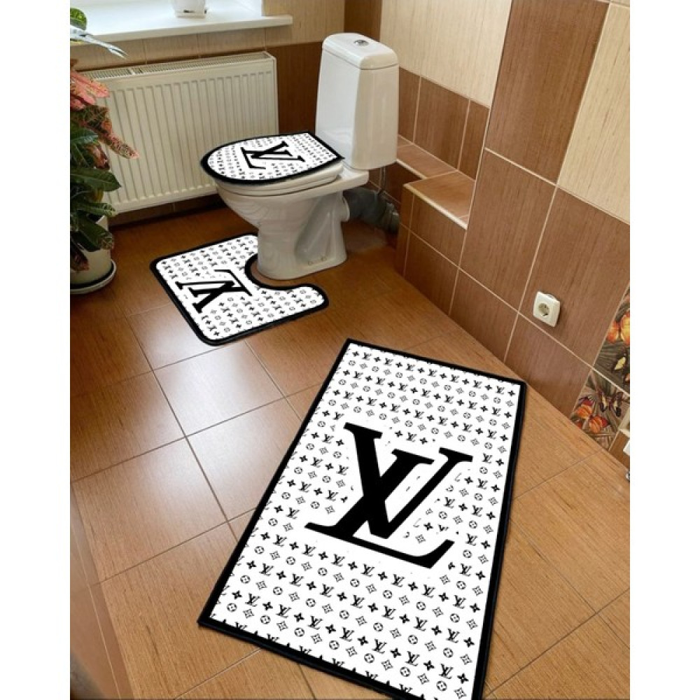 Modern Home Banyo Paspası Louis Vuitton Baskılı 3'lü Set, Dijital Klozet Takımı Kaymaz Taban 60X100 - 50X62 - Beyaz - 60 x 100 cm Klozet Takımı Fiyatı