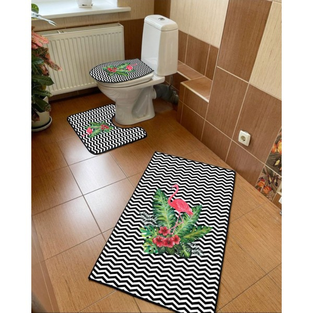 Modern Home Filamingo Figür 3'lü Set Banyo Paspası, Klozet Takımı Kaymaz Taban Dijital Baskı 60X100 - 50X60 - Pembe - 60 x 100 cm Klozet Takımı Fiyatı