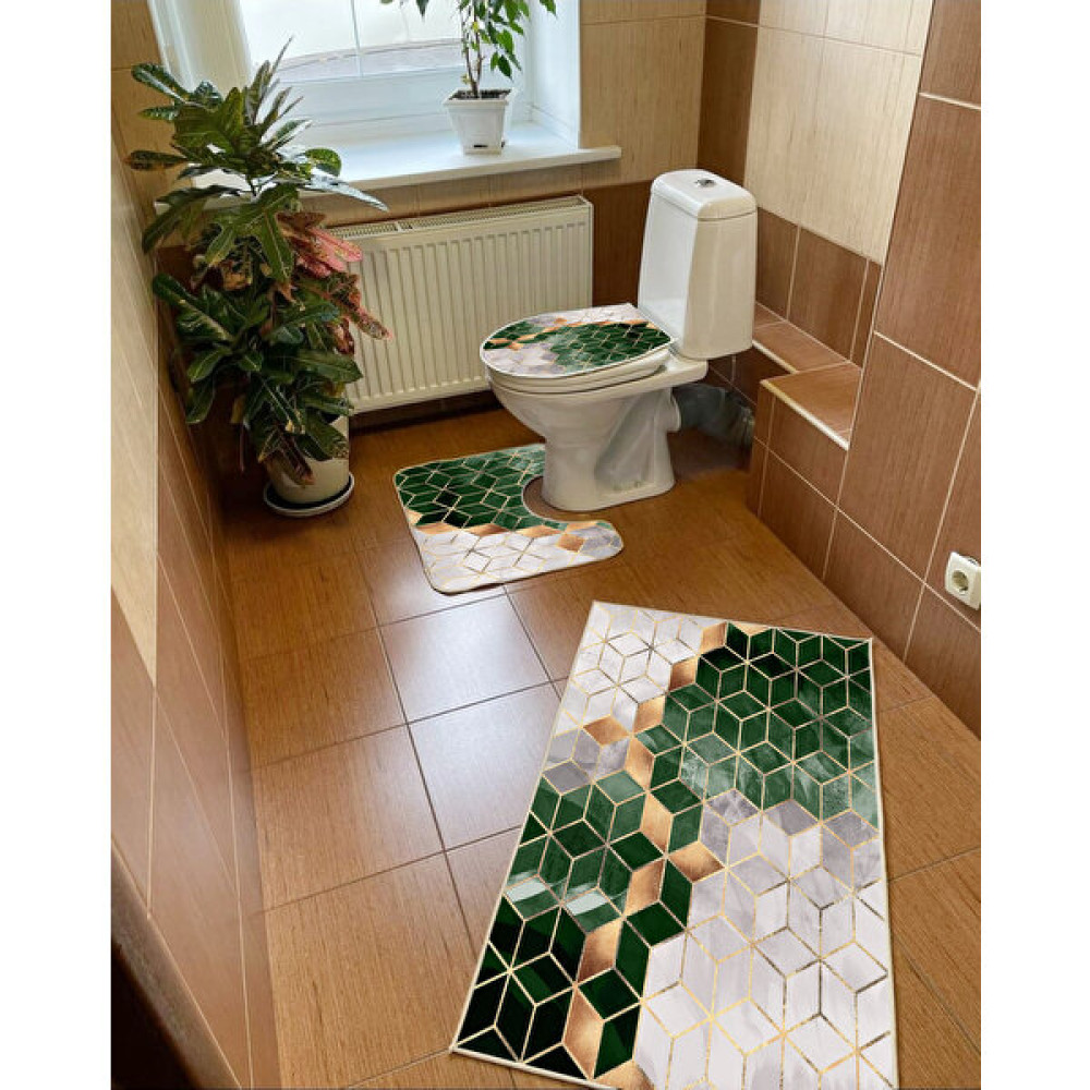 Modern Home Geometrik Desen 3'lü Set Banyo Paspası, Klozet Takımı Kaymaz Taban Dijital Baskı 60X100 - 50X60 - Yeşil - 60 x 100 cm Klozet Takımı Fiyatı