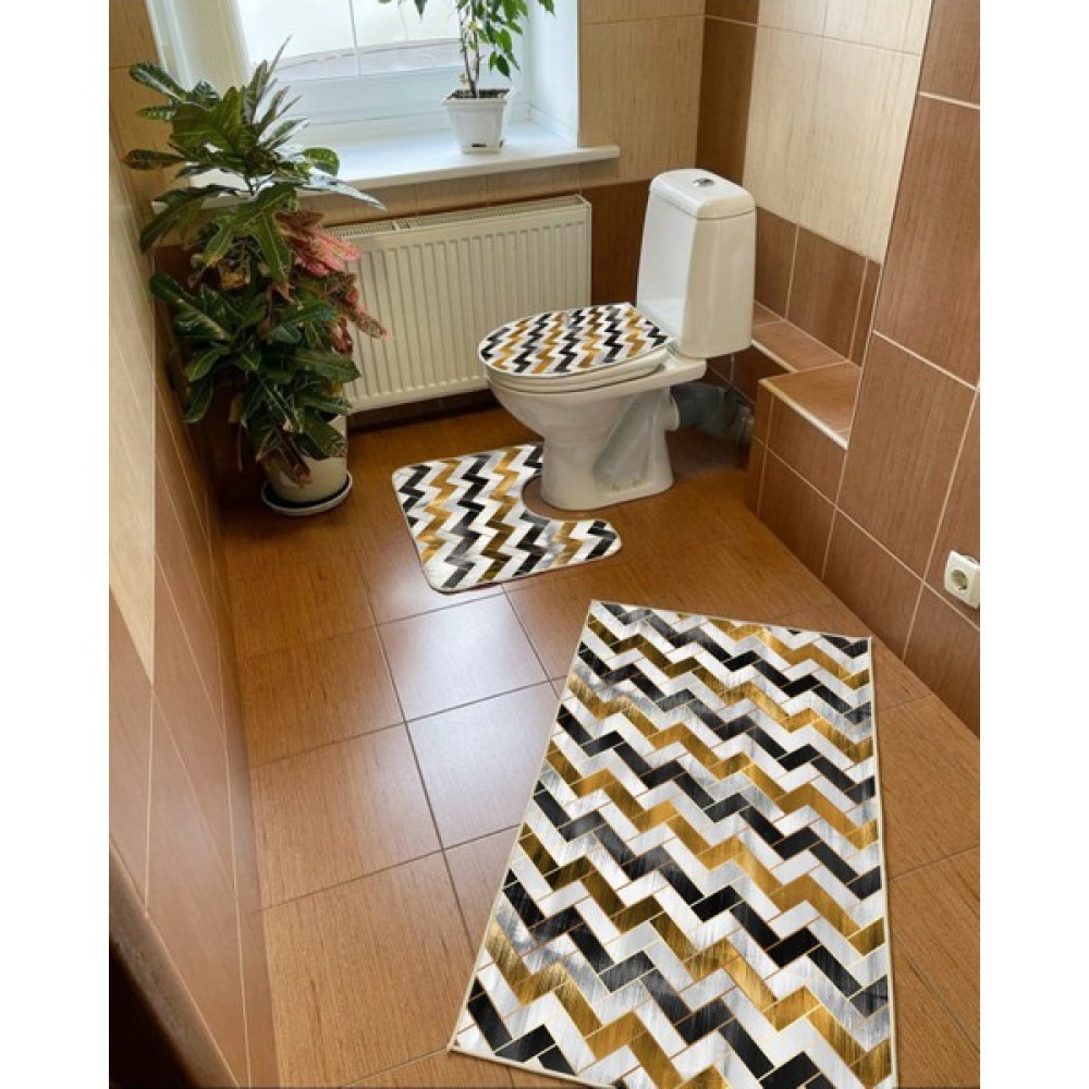 Modern Home Zigzag Tasarım 3'lü Set Banyo Paspası, Klozet Takımı Kaymaz Taban Dijital Baskı 60X100 - 50X60 - Kahve - 60 x 100 cm Klozet Takımı Fiyatı