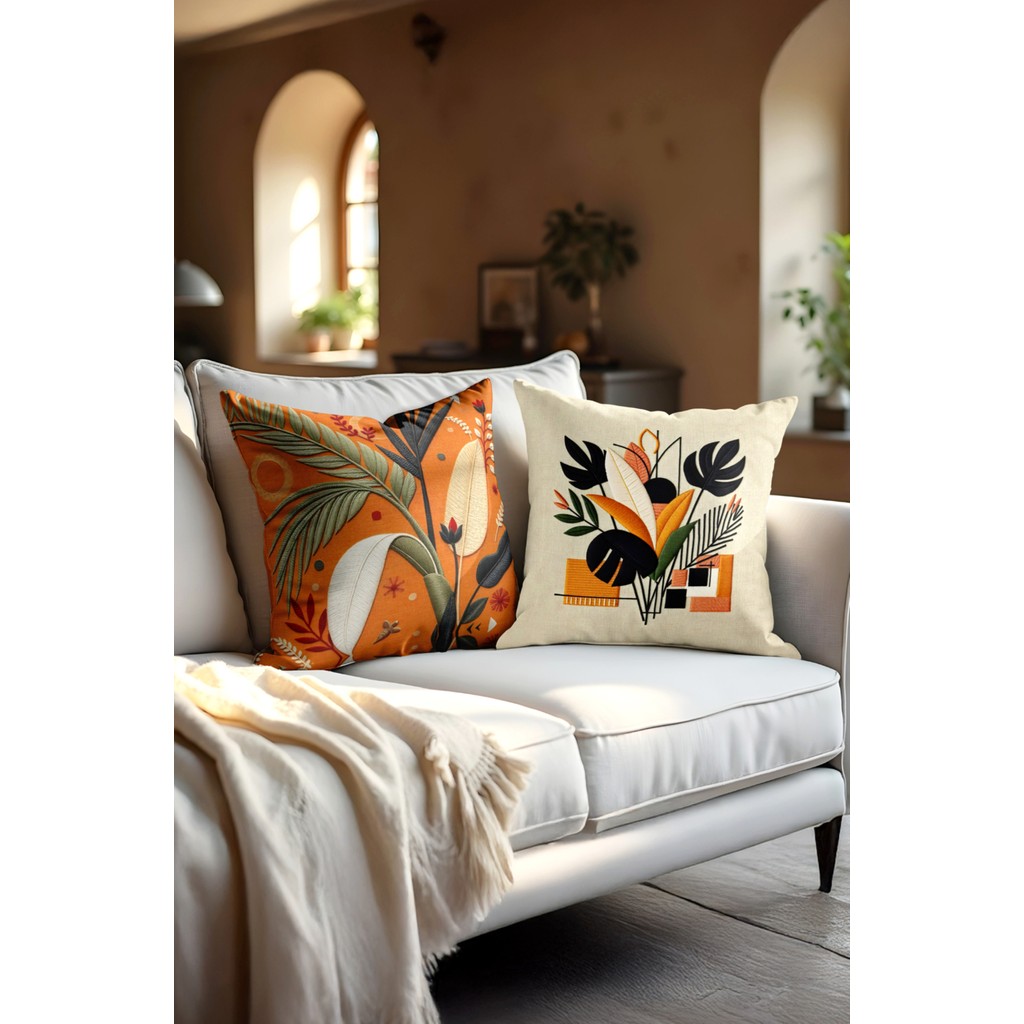 Modern Krem-Turuncu Saz Desenli Dijital Baskılı Kırlent Kılıfı Dekoratif Kırlent Kılıfı - 43 x 43 cm - Krem SSD / Solid State Drive Fiyatı