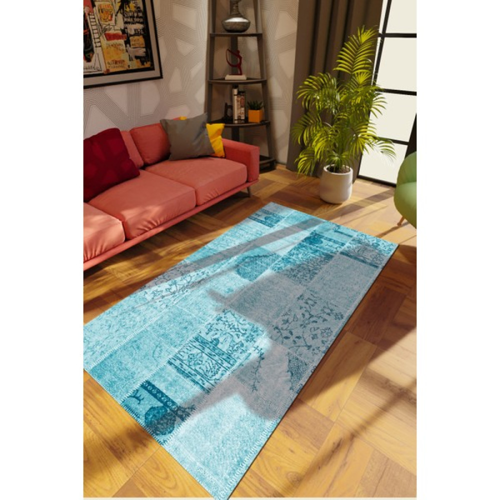 Modern Patchwork Turkuaz Dijital Baskı Halı Kaydırmaz Ince Yıkanabilir - 160 x 230 cm Salon Halısı Fiyatı
