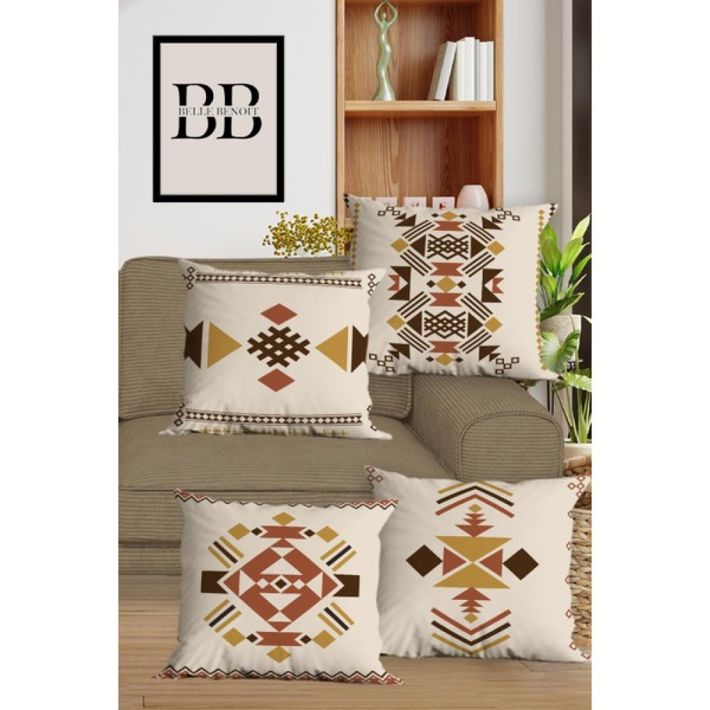 Modern Tasarım Dijital Baskılı Hediyelik Dekoratif 4'lü Koltuk Yastık Kılıfı Kırlent Kılıfı Seti - 43 x 43 cm - Bej - Hardal Kırlent / Mobilya Yastığı Fiyatı
