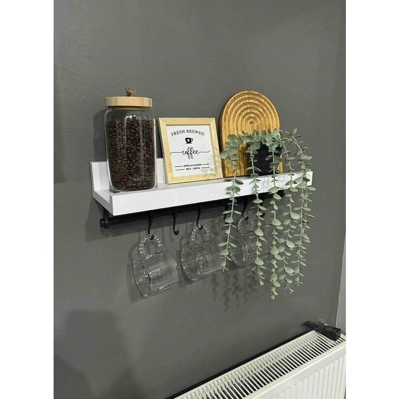 Modern Tasarımlı Kahve Köşesi Rafı Tek ve (6'lı Demir Fincan Askılığı) 70X16 Ölçülerinde Cfa Dekor - Beyaz - 70 Fincan / Bardak / Kahve Takımı Fiyatı
