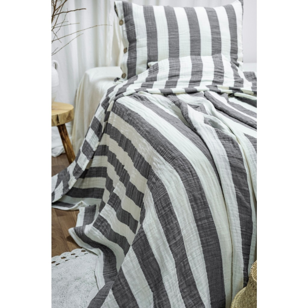Modern Tek Kişilik %100 Pamuk 3 Katlı Müslin Yatak Örtüsü Yastıksızdır - Antrasit Kalın Çizgili - 140 x 200 cm Yastık Kılıfı Fiyatı
