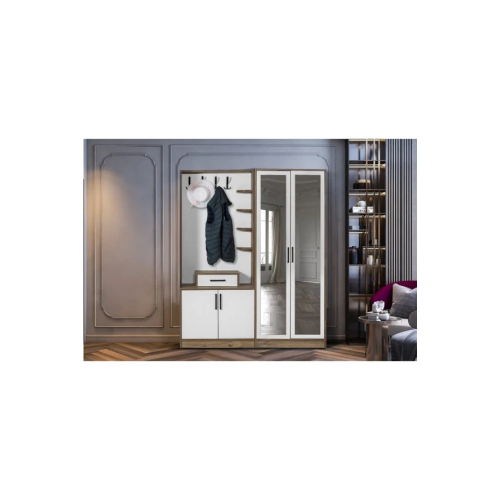 Moderniya Mobilya Loft 2 (Ikı) Kapili Krem Ceviz Sag Aynali Elbise Askiligi Kapakli Ayakkabilik, Vestiyer, Portmanto Portmanto Fiyatı