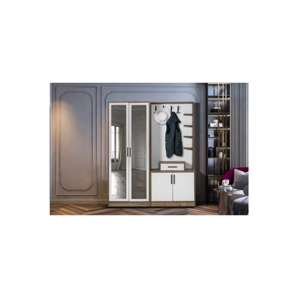 Moderniya Mobilya Loft 2 (Ikı) Kapili Krem Ceviz Sol Aynali Elbise Askiligi Kapakli Ayakkabilik, Vestiyer, Portmanto Portmanto Fiyatı