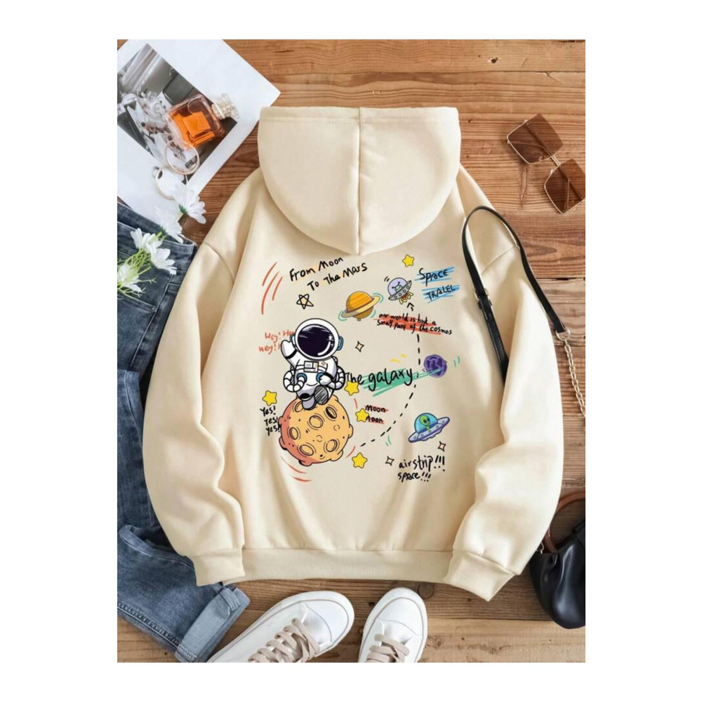MODERNİZE ÇOCUK GEZEGEN ASTRONOT ÖN ARKA BASKILI KIZ / ERKEK HOODİİE 8-9 Yaş Beden Bayan Sweatshirt Fiyatı