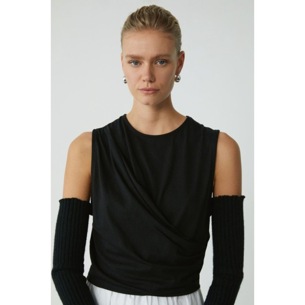 Modest Annabel Kadın %100 Pamuk Drape Detaylı Yuvarlak Yaka Sıfır Kol Basıc Siyah T-shirt Bayan T-shirt Fiyatı