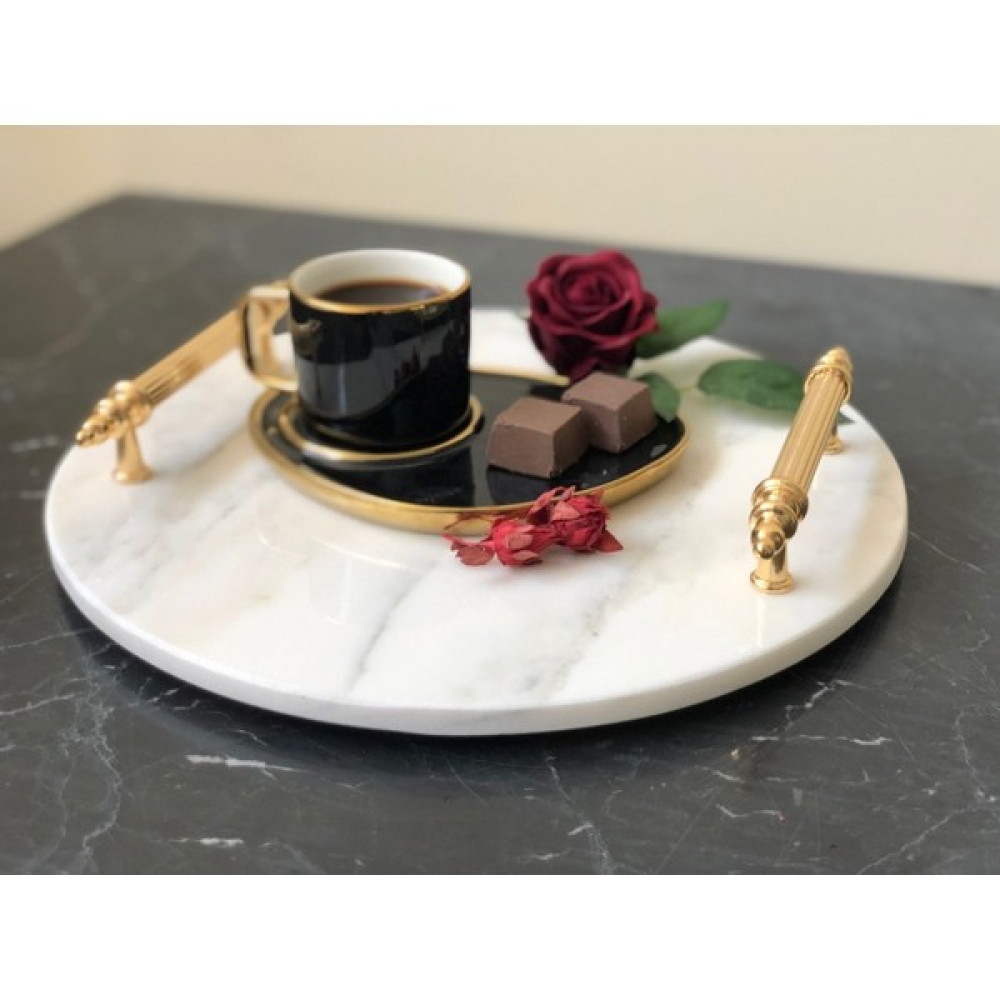 Modest Concept Calacatta Mermer Yuvarlak Tepsi Gold Kulp Servis Tepsisi Fiyatı