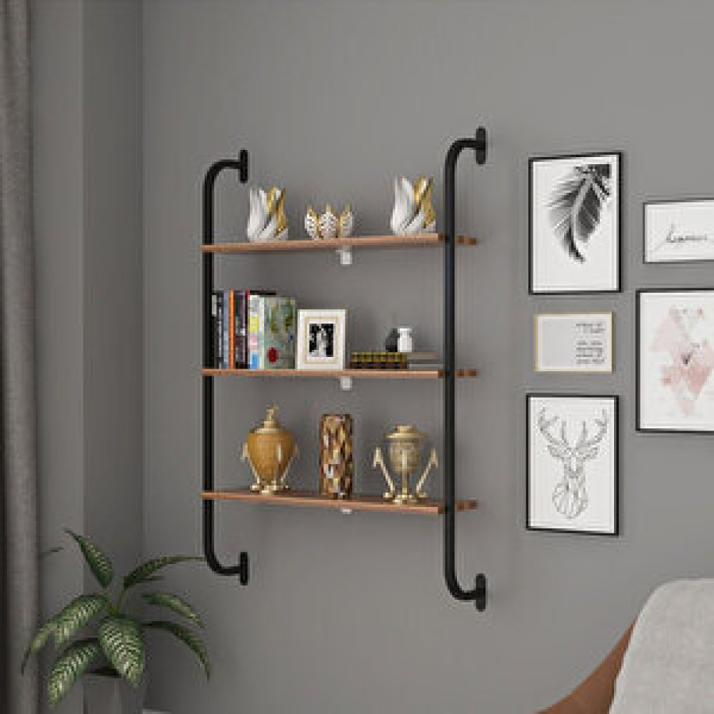 Modilayn Dekoratif Duvar Rafı Metal 3 Ceviz Ahşap Raflı Kitaplık Stant Duvar Rafı Fiyatı