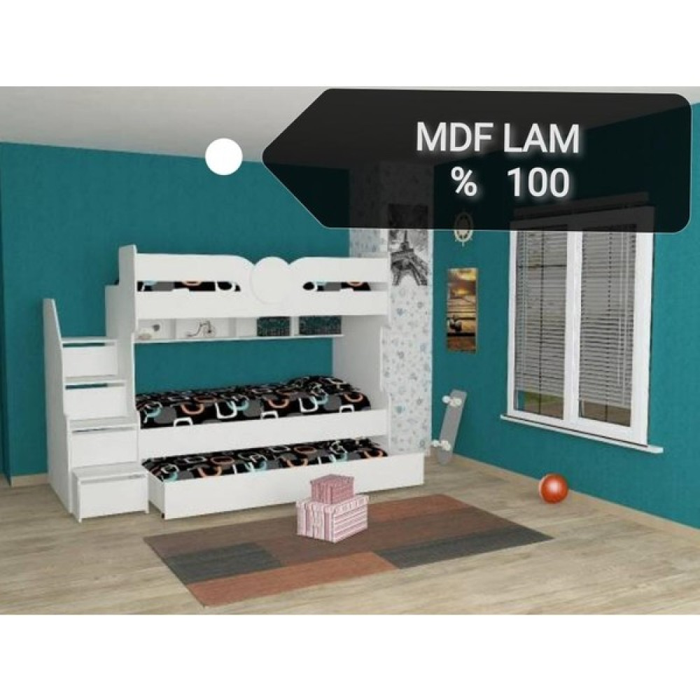 Modülerof Komple Mdf Lam Malzemeli Şile Home Yavrulu Ranza Ahşap Çekmeceli Merdivenli Beyaz - 251 x 100 x 180 cm Ranza Fiyatı