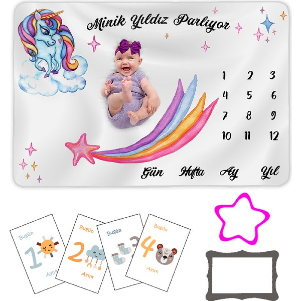 Moky Design Bebek Hediyelik Unicorn Anı Battaniyesi, Gökkuşağı ve Tek Boynuzlu At Desenli, Anı Kartı Hediye Seti - DESEN Anne, Bebek Fiyatı