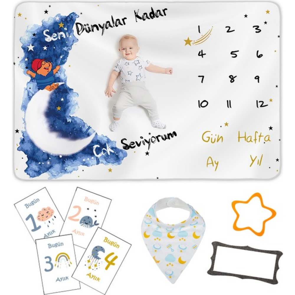 Moky Design Erkek Bebek Yenidoğan Hediyesi Anı Battaniyesi 150 x 100 cm Anı Kartları, Bebek Önlüğü, 5'li Set - Beyaz - Mavi Bebek Battaniyesi Fiyatı