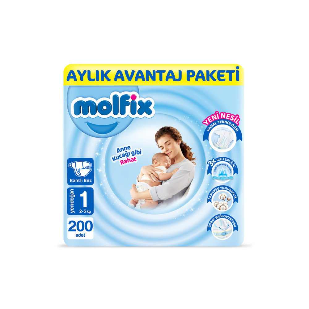 Molfix Bebek Bezi 1 Beden Yenidoğan Aylık Avn. Paket 200 Adet Bebek Bezi Fiyatı