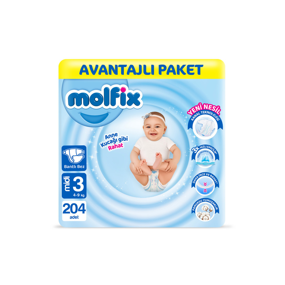 Molfix Bebek Bezi 3 Beden Midi Avantajlı Paket 204 Adet Bebek Bezi Fiyatı