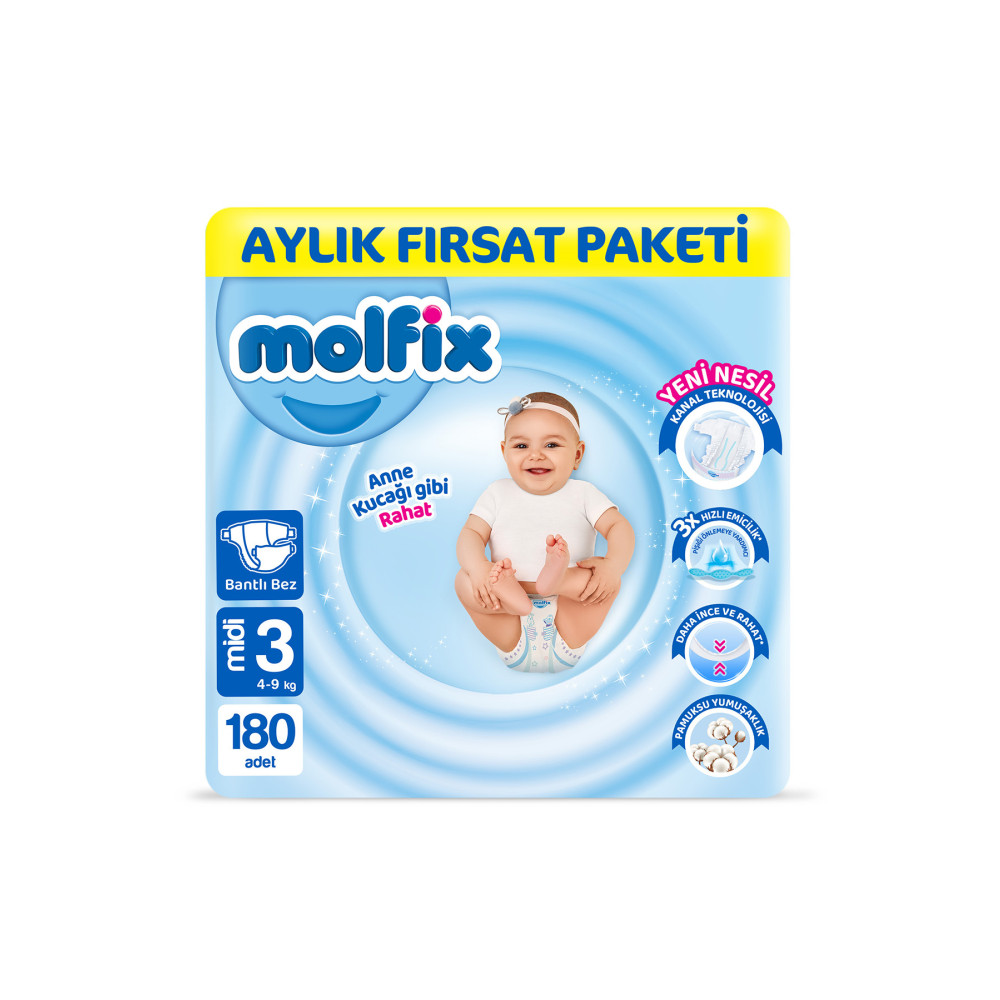 Molfix Bebek Bezi 3 Beden Midi Aylık Fırsat Paketi 180 Adet Bebek Bezi Fiyatı
