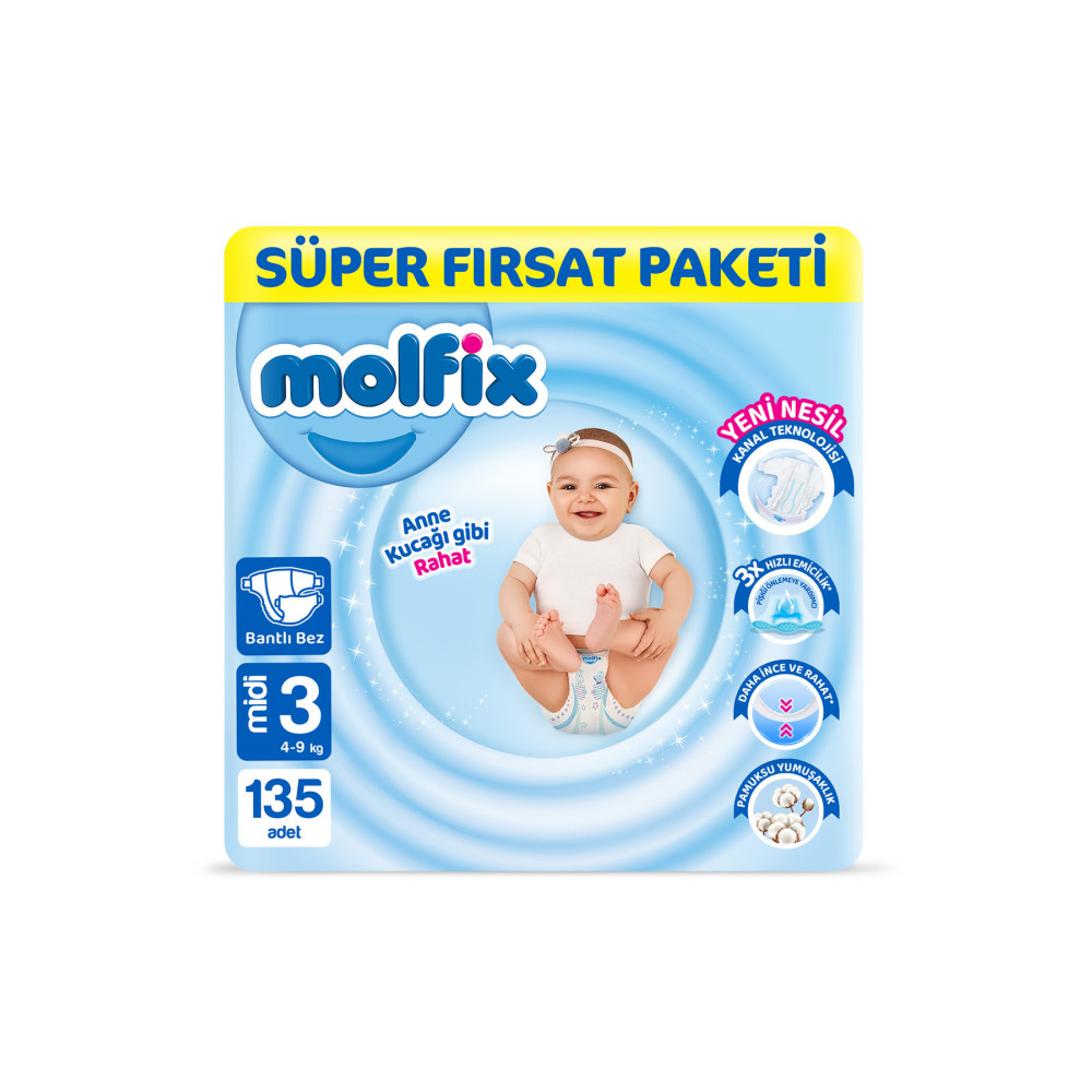 Molfix Bebek Bezi 3 Beden Midi Süper Fırsat Paketi 135 Adet Bebek Bezi Fiyatı