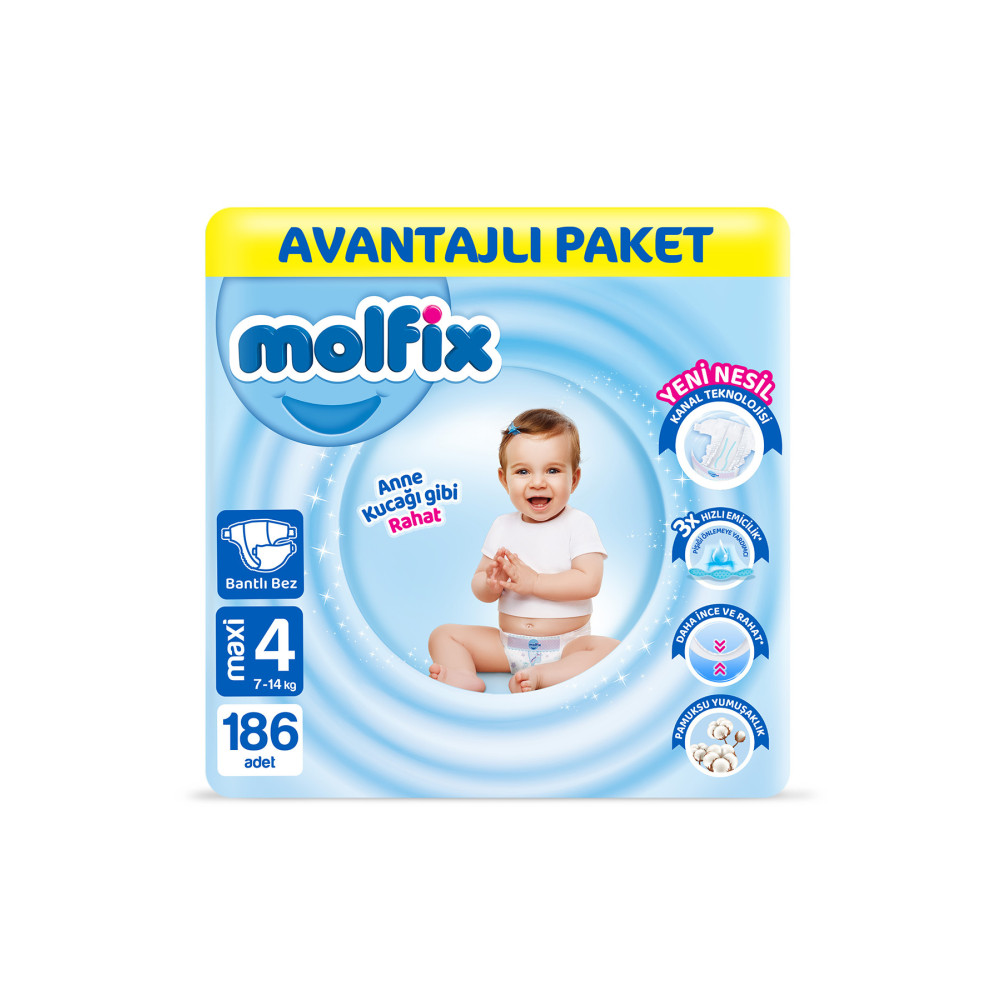 Molfix Bebek Bezi 4 Beden Maxi Avantajlı Paket 186 Adet Bebek Bezi Fiyatı