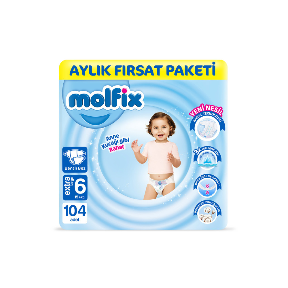 Molfix Bebek Bezi 6 Beden Extra Large Aylık Fırsat Paketi 104 Adet Bebek Bezi Fiyatı