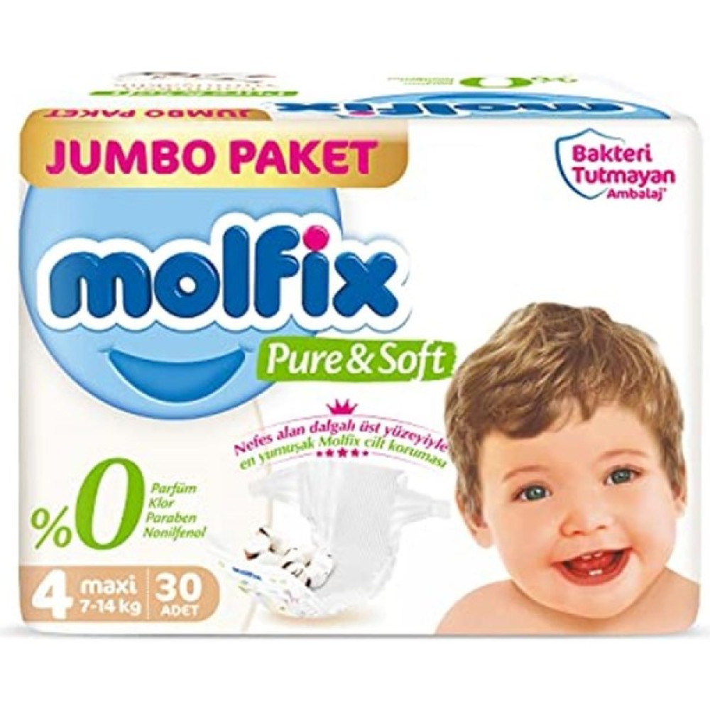 Molfix Bebek Bezi Pure&soft Maxi 4 Beden Jumbo 30 Adet - 0: 0 - 3 kg Yenidoğan / 50'li Bebek Bezi Fiyatı