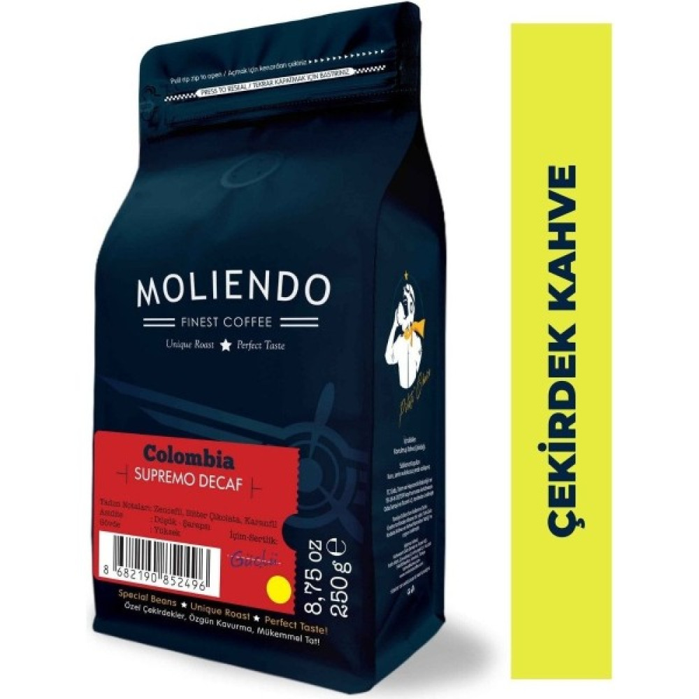 Moliendo Colombia Supremo Decaf (Kafeinsiz) Yöresel Kahve (Çekirdek Kahve) 250 g - 250 gr - Çekirdek Kahve Kahve Fiyatı