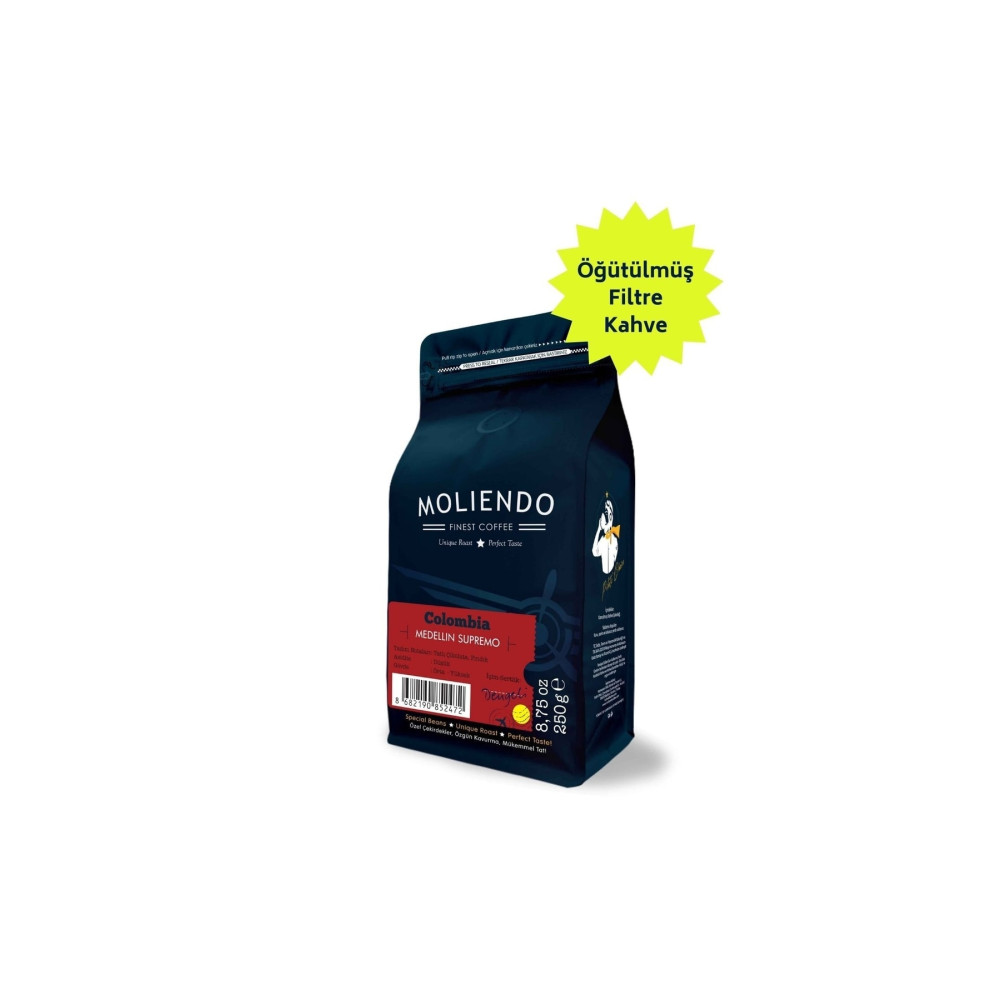 Moliendo Finest Coffee Colombia Medellin Supremo Yöresel Kahve ( Öğütülmüş Filtre Kahve ) 250 G. Filtre Kahve Beden Kahve Fiyatı