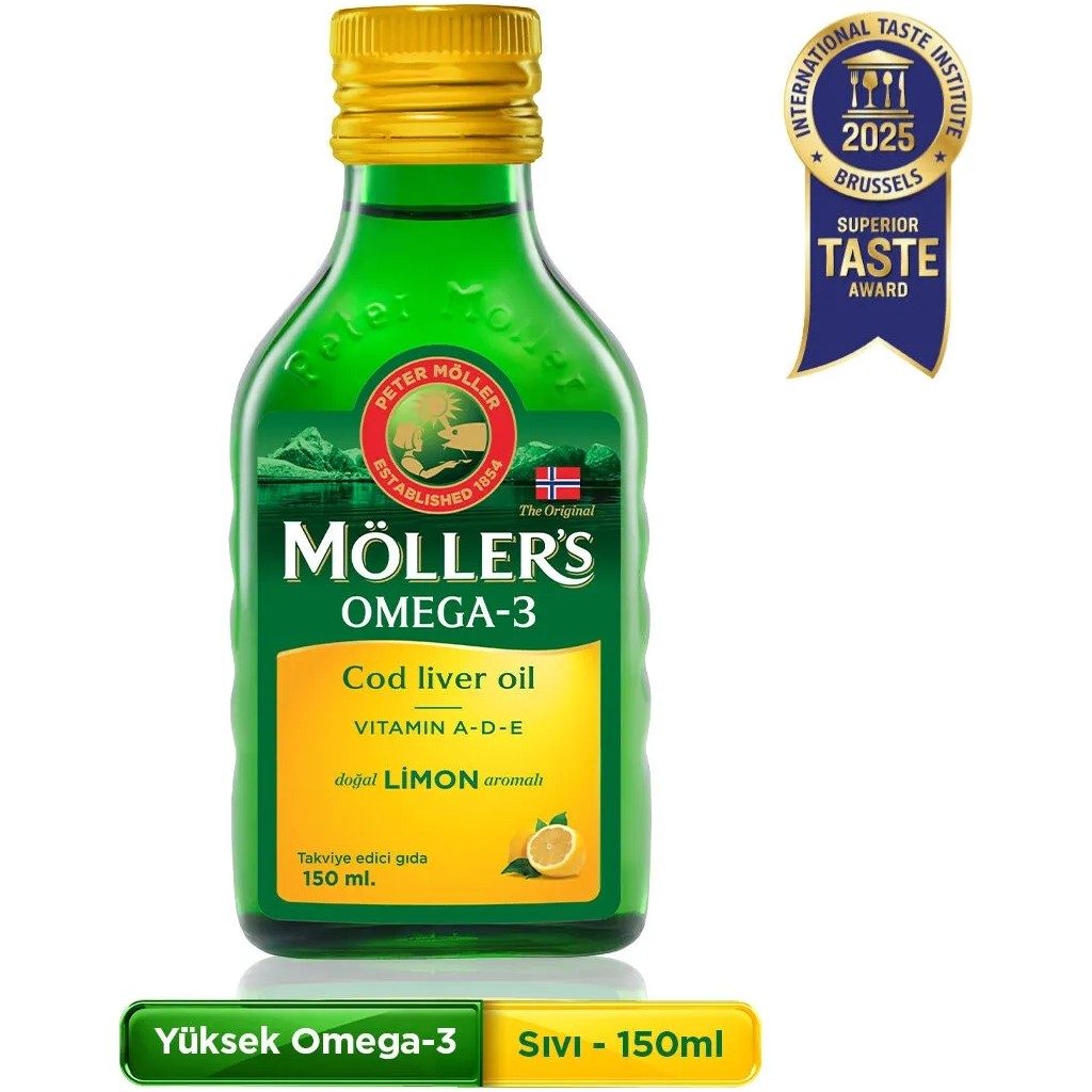 Möller's Omega 3 Limonlu 150 ml; saf morina balığı yağı,IFOS Onaylı, DHA, EPA, A D E vitamini. Çocuklar ve yetişkinler için doğal omega-3 takviyesi. Diğer Fiyatı
