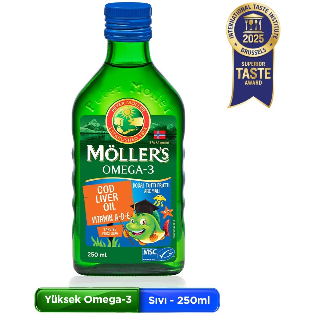 Möller's Omega 3 Tutti Frutti 250 ml; saf morina balığı yağı, DHA, EPA, A D E vitamini. Çocuklar ve yetişkinler için doğal omega-3 takviyesi Diğer Fiyatı
