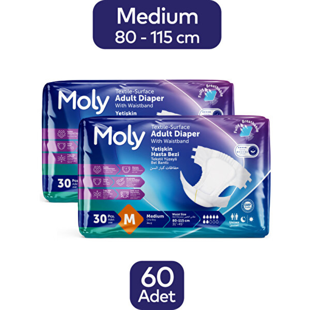 Moly Tekstil Yüzeyli Medium Orta Boy Belbantlı Hasta Bezi 30'lu x 2 Paket Hasta Bezleri ve Temizliği Fiyatı